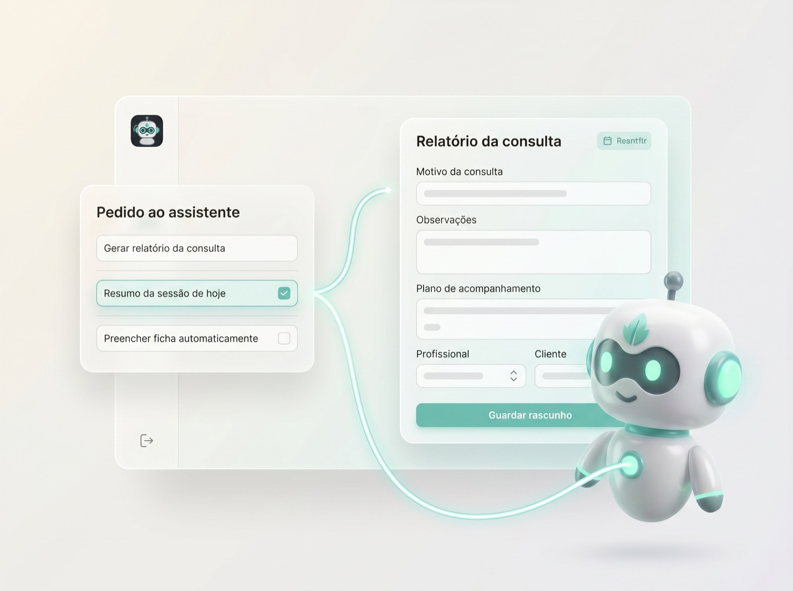 Ilustração da funcionalidade Criar com IA a gerar a estrutura de um modelo de relatório