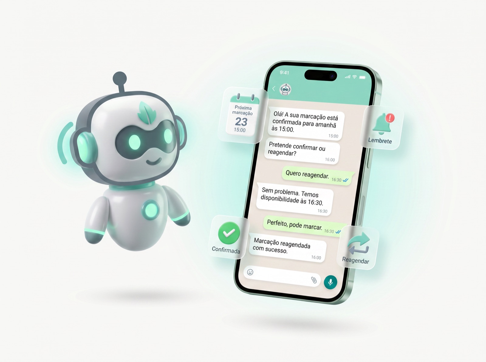 Captura de ecrã de uma conversa no WhatsApp entre um cliente e o rececionista de IA Mintu