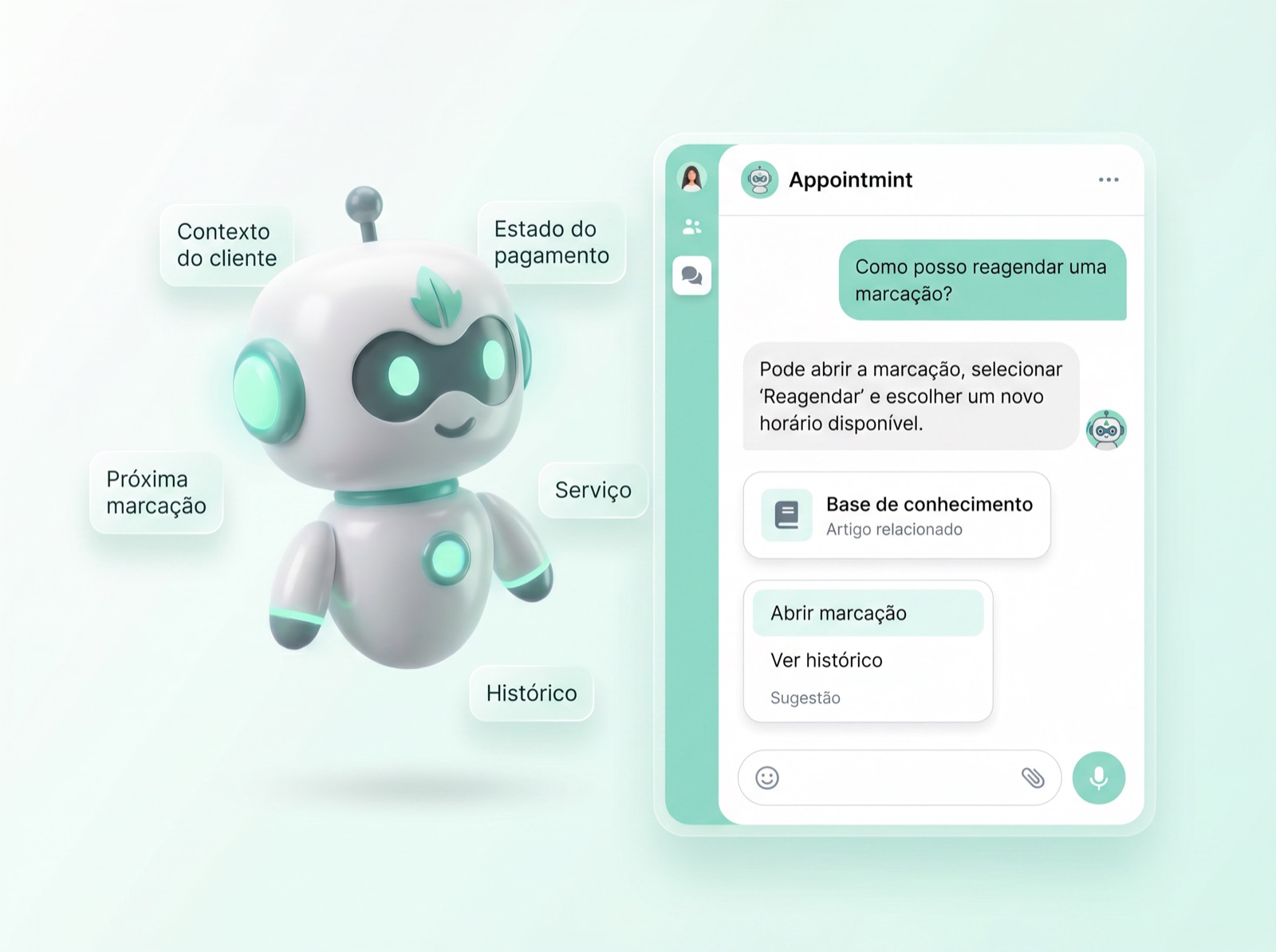 Captura de ecrã do chat do assistente de suporte a responder a uma pergunta dentro da app Appointmint